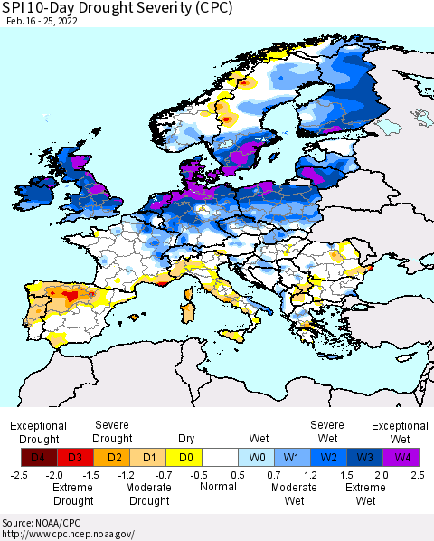 Europe SPI 10-Day Drought Severity (CPC) Thematic Map For 2/16/2022 - 2/25/2022