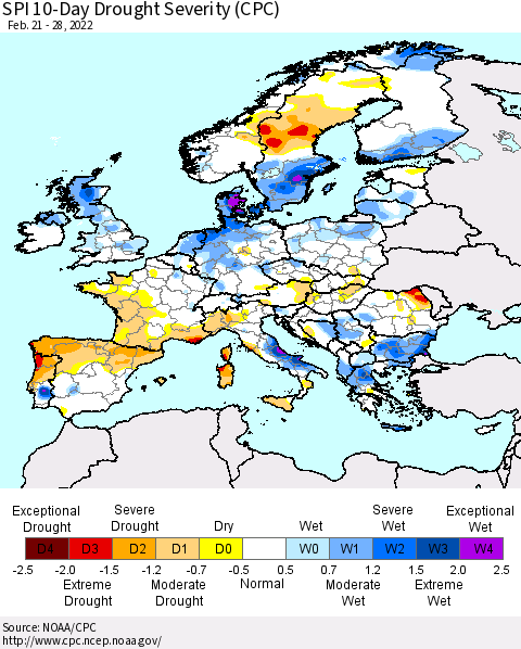 Europe SPI 10-Day Drought Severity (CPC) Thematic Map For 2/21/2022 - 2/28/2022