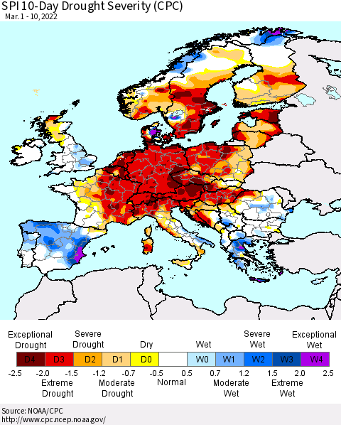 Europe SPI 10-Day Drought Severity (CPC) Thematic Map For 3/1/2022 - 3/10/2022