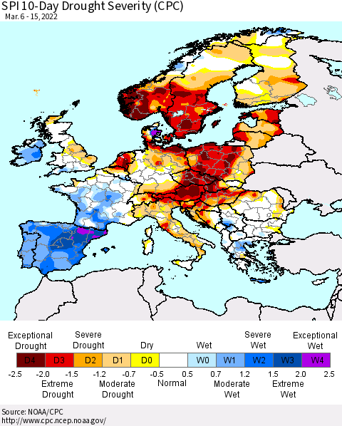 Europe SPI 10-Day Drought Severity (CPC) Thematic Map For 3/6/2022 - 3/15/2022