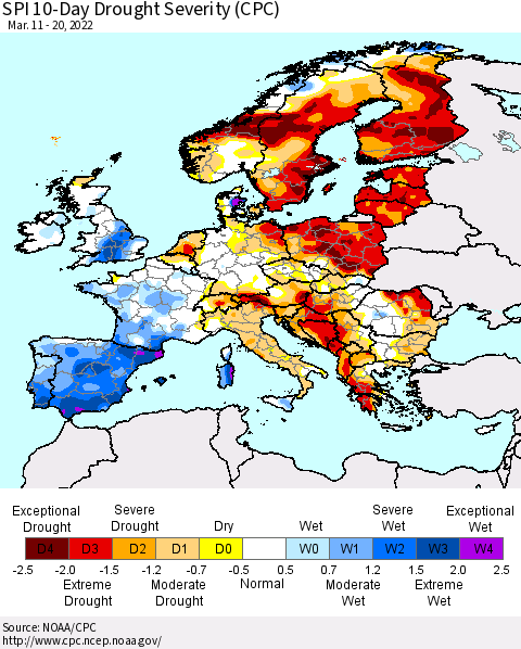 Europe SPI 10-Day Drought Severity (CPC) Thematic Map For 3/11/2022 - 3/20/2022