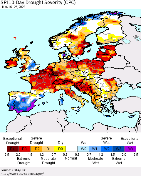 Europe SPI 10-Day Drought Severity (CPC) Thematic Map For 3/16/2022 - 3/25/2022
