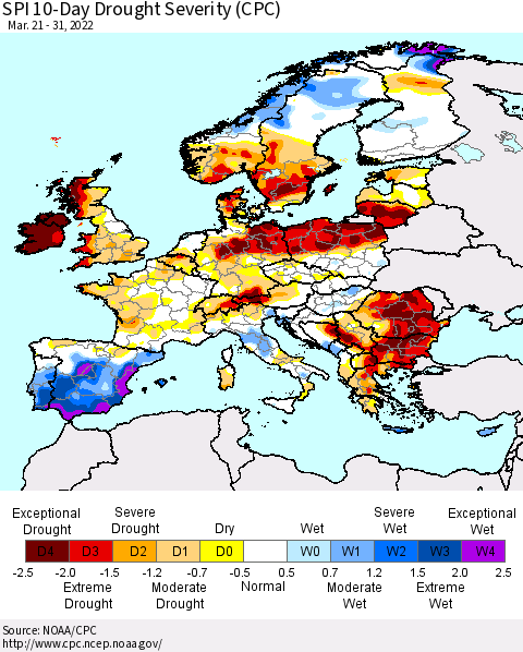 Europe SPI 10-Day Drought Severity (CPC) Thematic Map For 3/21/2022 - 3/31/2022