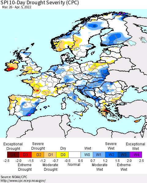Europe SPI 10-Day Drought Severity (CPC) Thematic Map For 3/26/2022 - 4/5/2022