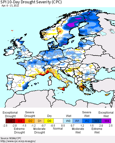 Europe SPI 10-Day Drought Severity (CPC) Thematic Map For 4/6/2022 - 4/15/2022