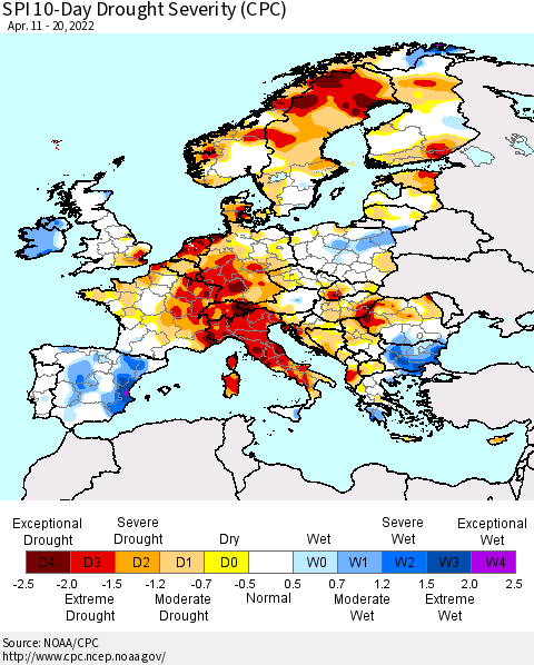 Europe SPI 10-Day Drought Severity (CPC) Thematic Map For 4/11/2022 - 4/20/2022