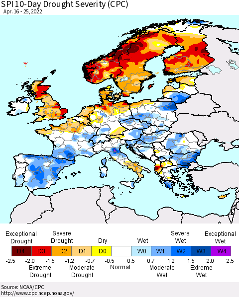 Europe SPI 10-Day Drought Severity (CPC) Thematic Map For 4/16/2022 - 4/25/2022