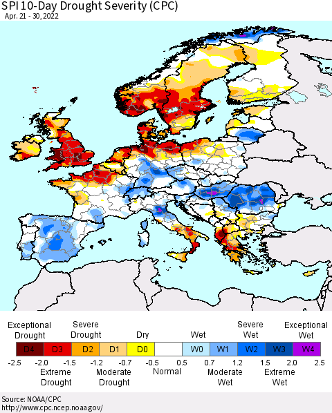 Europe SPI 10-Day Drought Severity (CPC) Thematic Map For 4/21/2022 - 4/30/2022