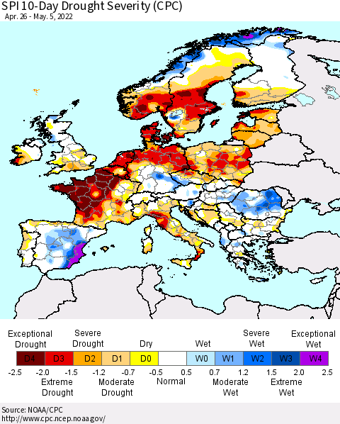 Europe SPI 10-Day Drought Severity (CPC) Thematic Map For 4/26/2022 - 5/5/2022