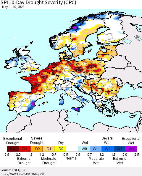 Europe SPI 10-Day Drought Severity (CPC) Thematic Map For 5/1/2022 - 5/10/2022