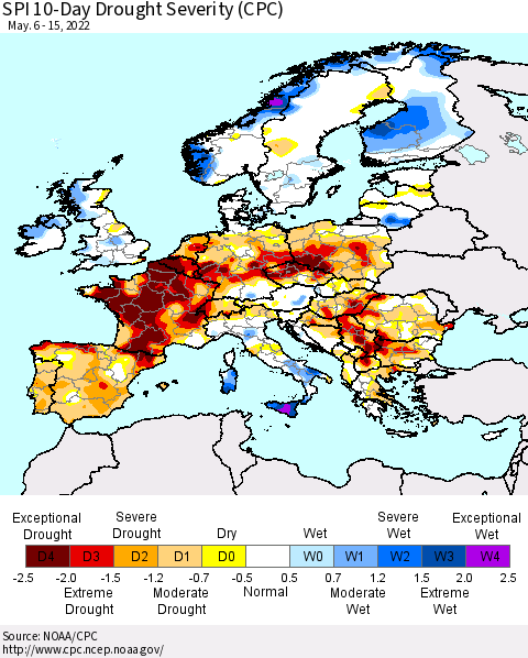 Europe SPI 10-Day Drought Severity (CPC) Thematic Map For 5/6/2022 - 5/15/2022