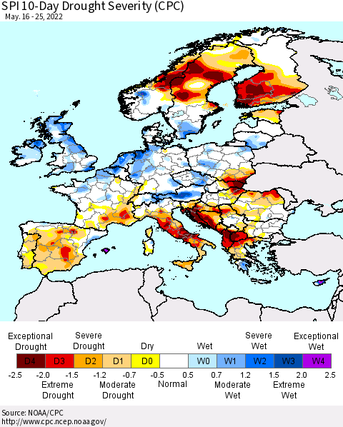 Europe SPI 10-Day Drought Severity (CPC) Thematic Map For 5/16/2022 - 5/25/2022