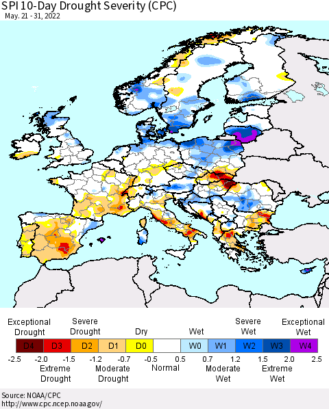 Europe SPI 10-Day Drought Severity (CPC) Thematic Map For 5/21/2022 - 5/31/2022