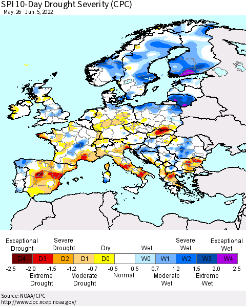Europe SPI 10-Day Drought Severity (CPC) Thematic Map For 5/26/2022 - 6/5/2022