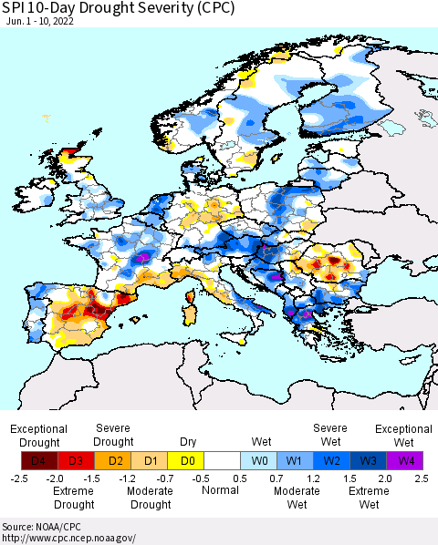 Europe SPI 10-Day Drought Severity (CPC) Thematic Map For 6/1/2022 - 6/10/2022