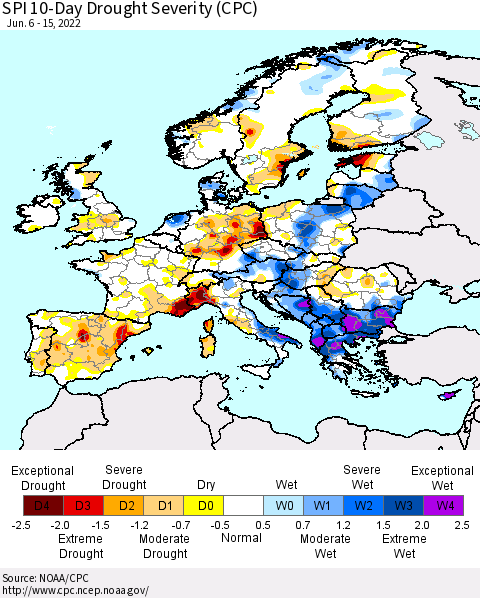 Europe SPI 10-Day Drought Severity (CPC) Thematic Map For 6/6/2022 - 6/15/2022