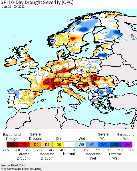 Europe SPI 10-Day Drought Severity (CPC) Thematic Map For 6/11/2022 - 6/20/2022