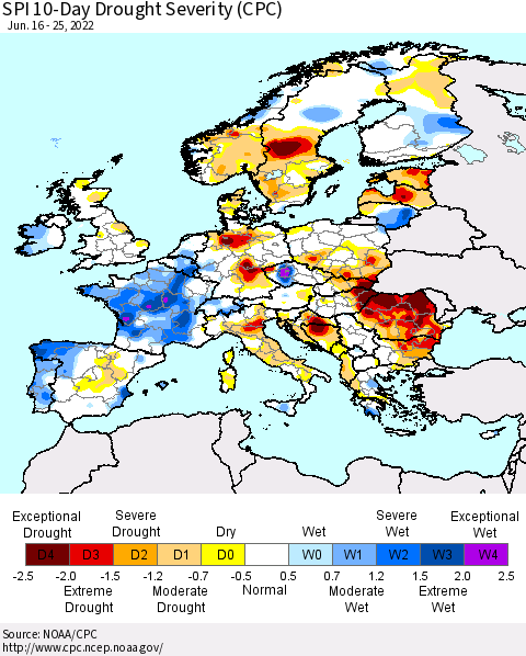 Europe SPI 10-Day Drought Severity (CPC) Thematic Map For 6/16/2022 - 6/25/2022