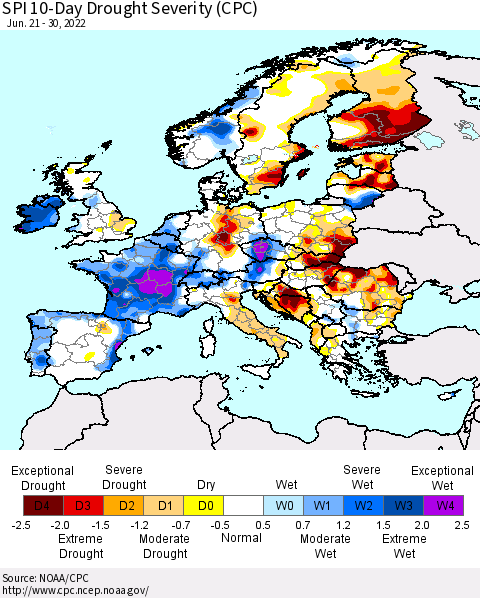 Europe SPI 10-Day Drought Severity (CPC) Thematic Map For 6/21/2022 - 6/30/2022