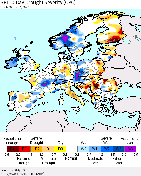 Europe SPI 10-Day Drought Severity (CPC) Thematic Map For 6/26/2022 - 7/5/2022