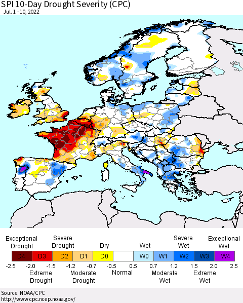 Europe SPI 10-Day Drought Severity (CPC) Thematic Map For 7/1/2022 - 7/10/2022