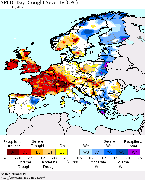 Europe SPI 10-Day Drought Severity (CPC) Thematic Map For 7/6/2022 - 7/15/2022