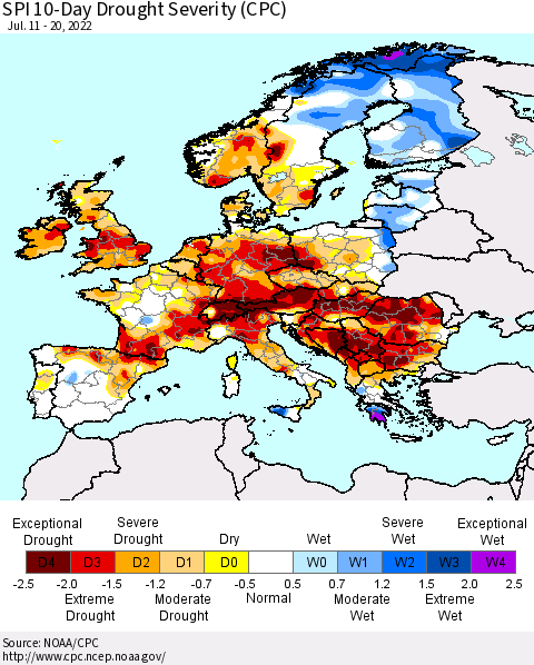 Europe SPI 10-Day Drought Severity (CPC) Thematic Map For 7/11/2022 - 7/20/2022