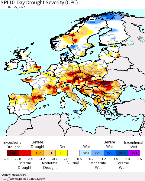 Europe SPI 10-Day Drought Severity (CPC) Thematic Map For 7/16/2022 - 7/25/2022