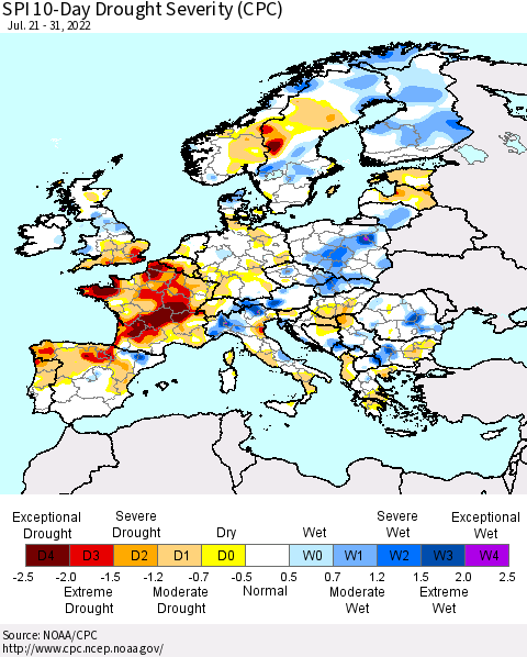 Europe SPI 10-Day Drought Severity (CPC) Thematic Map For 7/21/2022 - 7/31/2022