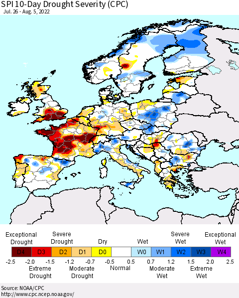 Europe SPI 10-Day Drought Severity (CPC) Thematic Map For 7/26/2022 - 8/5/2022