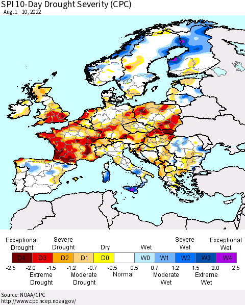 Europe SPI 10-Day Drought Severity (CPC) Thematic Map For 8/1/2022 - 8/10/2022