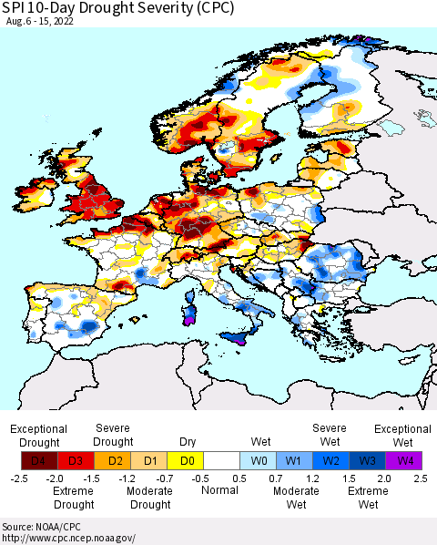 Europe SPI 10-Day Drought Severity (CPC) Thematic Map For 8/6/2022 - 8/15/2022