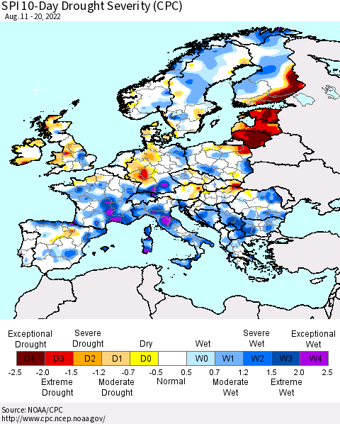 Europe SPI 10-Day Drought Severity (CPC) Thematic Map For 8/11/2022 - 8/20/2022