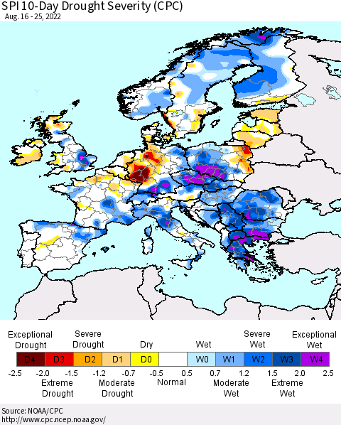 Europe SPI 10-Day Drought Severity (CPC) Thematic Map For 8/16/2022 - 8/25/2022