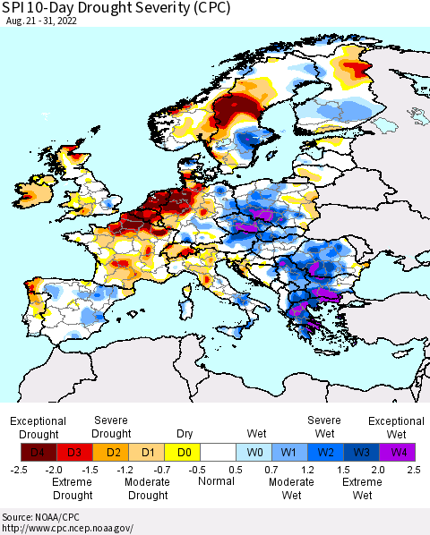 Europe SPI 10-Day Drought Severity (CPC) Thematic Map For 8/21/2022 - 8/31/2022
