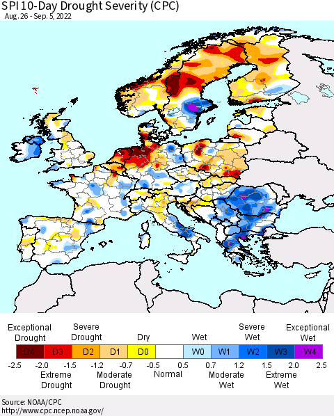 Europe SPI 10-Day Drought Severity (CPC) Thematic Map For 8/26/2022 - 9/5/2022