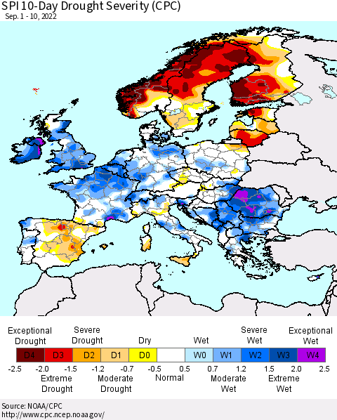 Europe SPI 10-Day Drought Severity (CPC) Thematic Map For 9/1/2022 - 9/10/2022