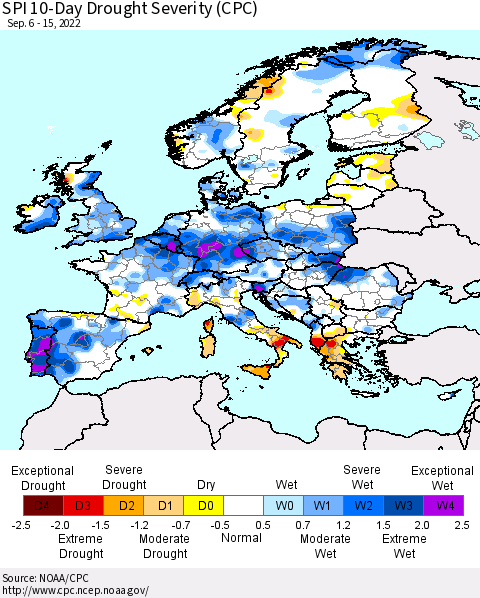 Europe SPI 10-Day Drought Severity (CPC) Thematic Map For 9/6/2022 - 9/15/2022