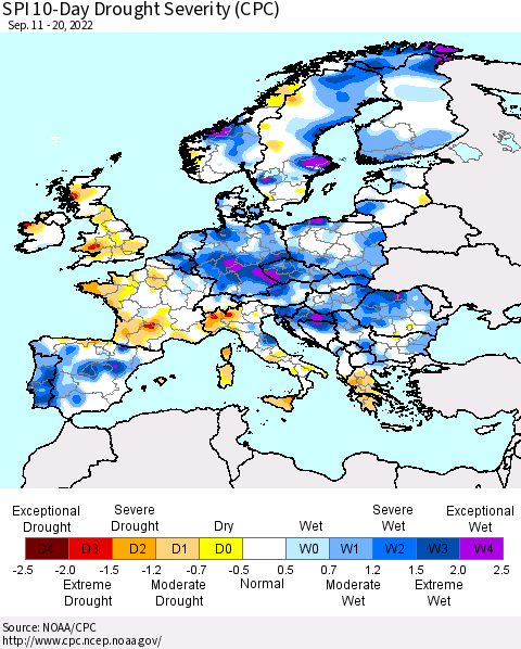 Europe SPI 10-Day Drought Severity (CPC) Thematic Map For 9/11/2022 - 9/20/2022