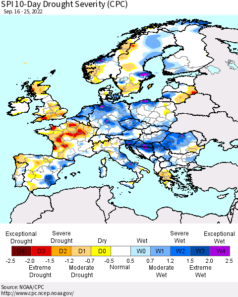Europe SPI 10-Day Drought Severity (CPC) Thematic Map For 9/16/2022 - 9/25/2022