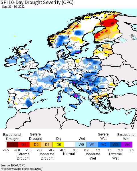 Europe SPI 10-Day Drought Severity (CPC) Thematic Map For 9/21/2022 - 9/30/2022