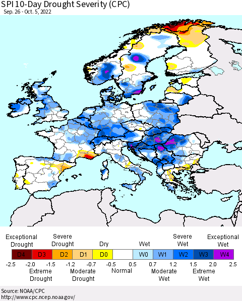 Europe SPI 10-Day Drought Severity (CPC) Thematic Map For 9/26/2022 - 10/5/2022