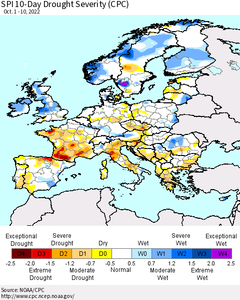 Europe SPI 10-Day Drought Severity (CPC) Thematic Map For 10/1/2022 - 10/10/2022