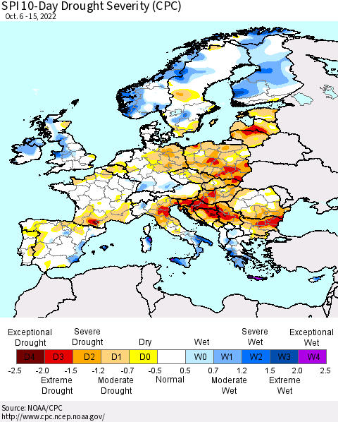 Europe SPI 10-Day Drought Severity (CPC) Thematic Map For 10/6/2022 - 10/15/2022