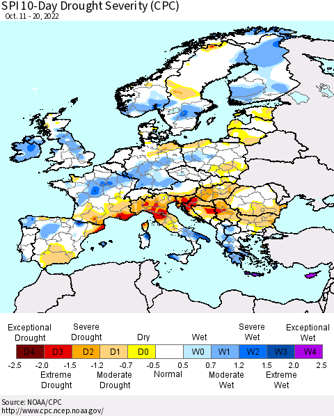 Europe SPI 10-Day Drought Severity (CPC) Thematic Map For 10/11/2022 - 10/20/2022