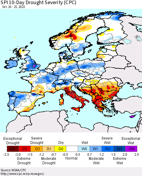 Europe SPI 10-Day Drought Severity (CPC) Thematic Map For 10/16/2022 - 10/25/2022