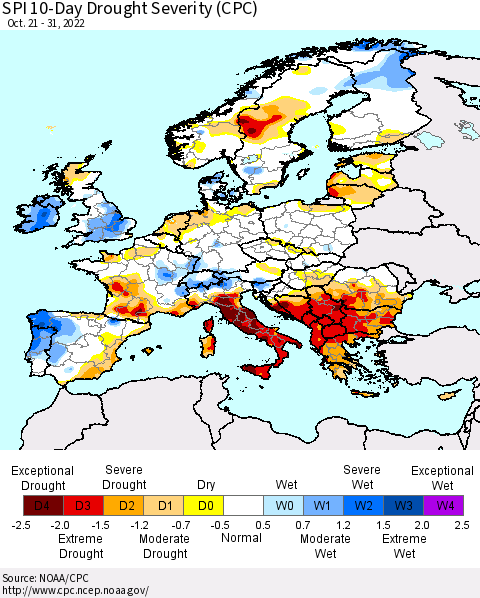 Europe SPI 10-Day Drought Severity (CPC) Thematic Map For 10/21/2022 - 10/31/2022