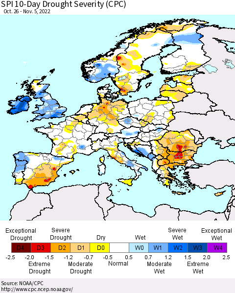 Europe SPI 10-Day Drought Severity (CPC) Thematic Map For 10/26/2022 - 11/5/2022