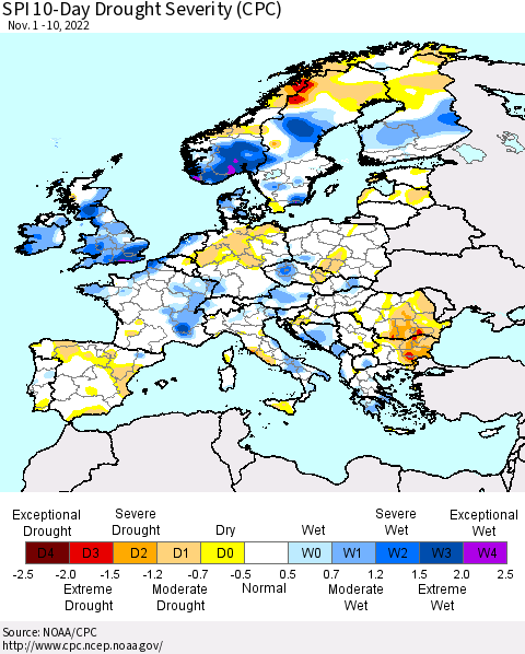 Europe SPI 10-Day Drought Severity (CPC) Thematic Map For 11/1/2022 - 11/10/2022