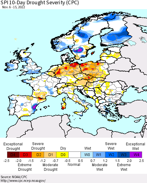 Europe SPI 10-Day Drought Severity (CPC) Thematic Map For 11/6/2022 - 11/15/2022